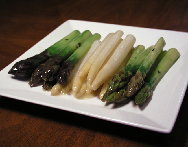 Purple, Green, and White Jumbo Asparagus with Beurre Fondue 