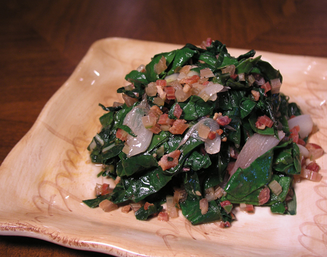 Braised Swiss Chard with Roasted Shallots and Apple Bacon 